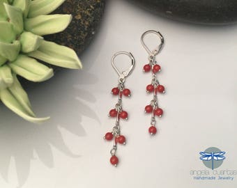 Coral Stone Earrings, Dainty Gemstone Earrings, Cluster Dangle Earrings, OOAK Sterling Silver Earrings under 40, Angela Cuartas Jewelry