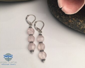 Rose Quartz Stone Earrings, Gemstone Earrings, Handmade Sterling Silver Earrings, OOAK Gemstone Earrings under 40, Angela Cuartas Jewelry