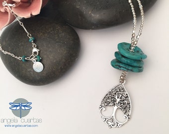 Turquoise and Sunstone Necklace, Tree of Life Pendant, Dainty Necklace, OOAK Statement Necklace under 100, Angela Cuartas Jewelry