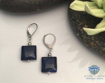 Lapis Lazuli Gemstone Earrings, Handmade Sterling Silver Earrings, OOAK Gemstone Earrings under 40, Angela Cuartas Jewelry