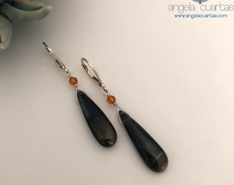 Pietersite Gemstone, Carnelian Gemstone, Dainty Sterling Silver Earrings, OOAK Natural Gemstone Earrings under 60, Angela Cuartas Jewelry