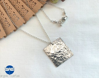 Hammered Sterling Square, Handmade Sterling Silver Necklace, OOAK Necklace Under 50, Angela Cuartas Jewelry