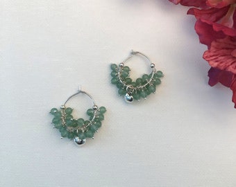 Green Aventurine Stone Earrings, Sterling Heart Earrings, Hoop Earrings, Cluster Earrings, OOAK Earrings under 80, Angela Cuartas Jewelry