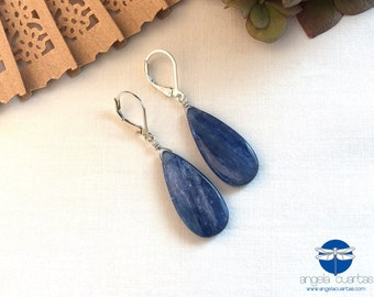 Blue Kyanite Gemstone Earrings, Natural Stone, Handmade Sterling Silver Earrings, OOAK Gemstone Earrings under 50, Angela Cuartas Jewelry