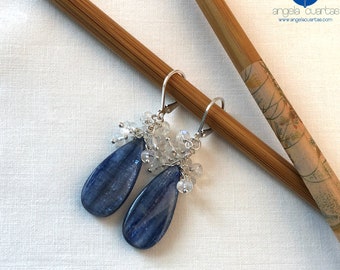 Blue Kyanite Gemstone, Rainbow Moonstone, Handmade Sterling Silver Earrings, OOAK Gemstone Earrings under 80, Angela Cuartas Jewelry