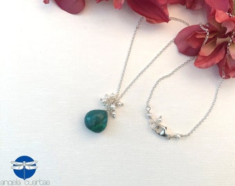 Chrysocolla Gemstone, Freshwater Pearls, Handmade Sterling Silver Necklace, OOAK Gemstone Necklace under 60, Angela Cuartas Jewelry