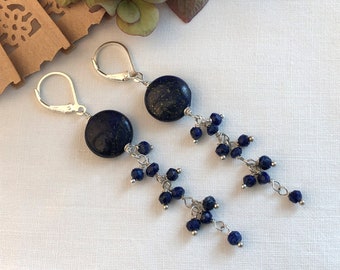 Lapis Lazuli Gemstone Earrings, Blue Gemstone Cluster Earrings, Sterling Silver Earrings, Dainty Earrings, OOAK Gemstone Earrings under 50
