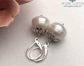 Freshwater Pearl Earrings, Sterling Silver Earrings, Gemstone Pearl Earrings, White Stone Earrings, Dainty Pearl Earrings, Earrings under 40