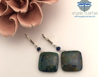 Azurite in Malachite Gemstone, Lapis Lazuli Gemstone, Sterling Silver Earrings, OOAK Gemstone Earrings under 80, Angela Cuartas Jewelry
