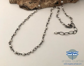 Freshwater Pearl Gemstone, Oxidized Sterling Silver, Dainty Necklace, Natural Gemstone, OOAK Gemstone Necklace with extension, under 80