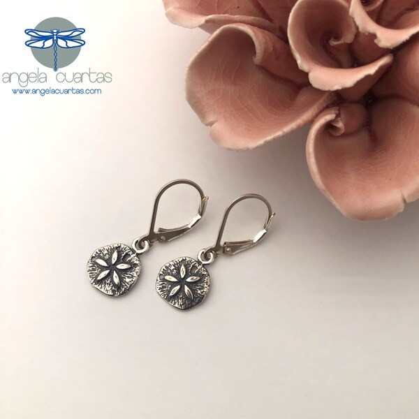 Sand Dollar Earrings, Sterling Silver Earrings, Small Dangling Earrings, Short Dainty Earrings, Sterling Silver Earrings under 30