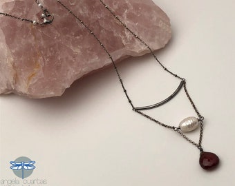 Spessartine Garnet Gemstone, Freshwater Pearl, Oxidized Sterling Silver Necklace, OOAK Gemstone Necklace Under 70, Angela Cuartas Jewelry
