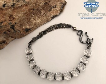 Crystal Quartz Gemstone, Gemstone Bracelet, Oxidized Sterling Silver Bracelet, Dainty Bracelet Under 80, Angela Cuartas Jewelry