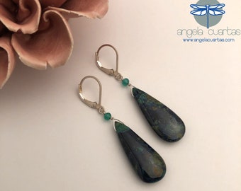 Azurite in Malachite Gemstone,Green Onyx Gemstone, Sterling Silver Earrings, OOAK Gemstone Earrings under 80, Angela Cuartas Jewelry