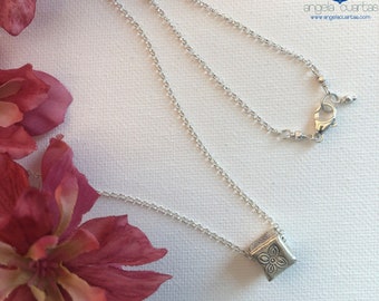 Sterling Silver Chain, Sterling Stamped Cube with Flower, 10 mm Cube with Flower, Single Pendant, Sterling Chain under 50