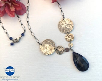 Sodalite Gemstone, Oxidized Sterling Silver Necklace, Oxidized Sterling Discs Necklace, OOAK Statement Necklace under 80, Dainty Necklace