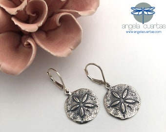 Sand Dollar Earrings, Sterling Silver Earrings, Dangling Earrings, Dainty Earrings, Sterling Silver Earrings under 40