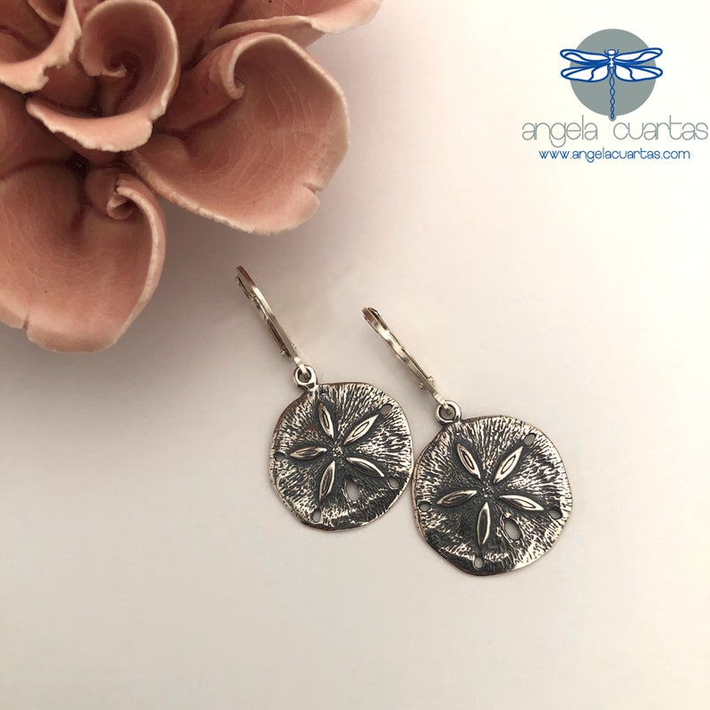 Sand Dollar Earrings, Sterling Silver Earrings, Dangling Earrings, Dainty Earrings, Sterling Silver Earrings under 40 image 2