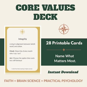May include: A Core Values Deck featuring 28 printable cards. The design uses dark green and cream colors with a compass icon. Text includes: Core Values Deck, 28 Printable Cards, Name What Matters Most, Instant Download, Faith + Brain Science + Practical Psychology.