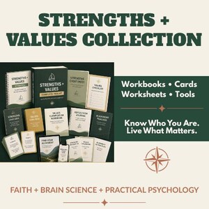 May include: A collection of workbooks, cards, and worksheets titled Strengths + Values Collection. The set includes various printed materials with dark green and cream covers, featuring text like Strengths Cheat Sheet and Alignment Tracker.
