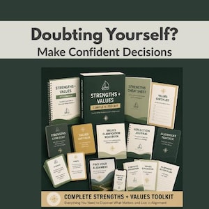 May include: A complete strengths and values toolkit with workbooks, card decks, and journals. The products are in shades of green, white, and gold. The text reads "Doubting Yourself? Make Confident Decisions" and "Complete Strengths + Values Toolkit."