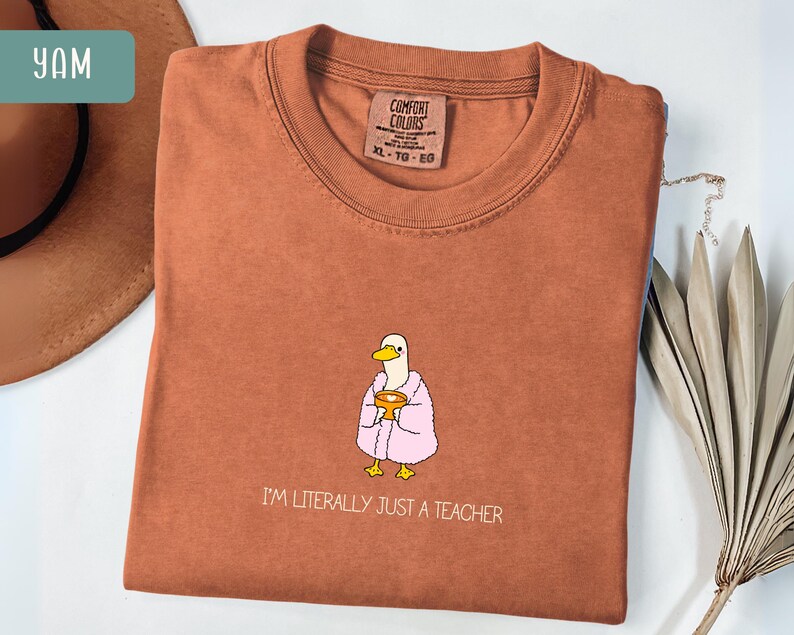 May include: A terracotta-colored t-shirt with a crew neck and short sleeves. The shirt features a cartoon duck wearing a pink robe and holding a mug. The text "I'M LITERALLY JUST A TEACHER" is printed below the duck.