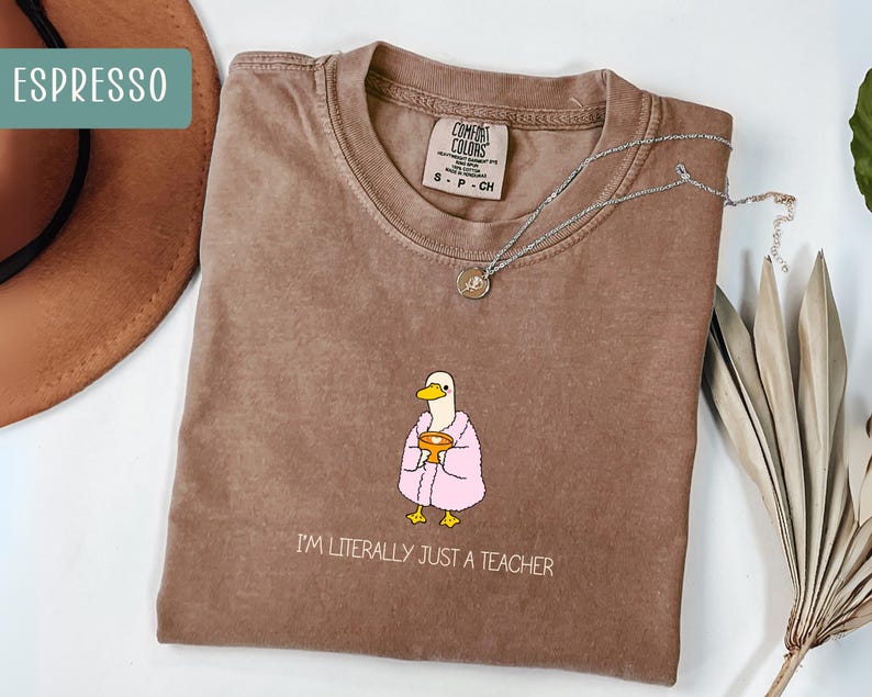 May include: Espresso-colored t-shirt with a graphic of a duck wearing a pink robe and holding a golden chalice. The text "I'M LITERALLY JUST A TEACHER" is printed below the graphic. A silver necklace is draped across the shirt.