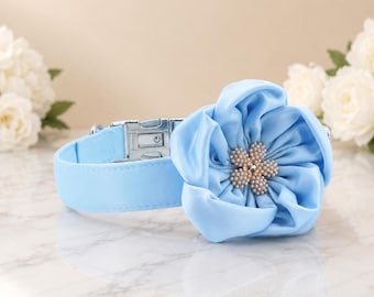 Personalized Blue Dog Collar with Removable Bow – Silk, Zinc Alloy Leash Set