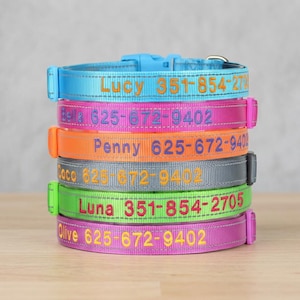 May include: A stack of six nylon pet collars in light blue, pink, orange, gray, lime green, and purple. Each collar features a reflective strip and is embroidered with a name and phone number, including Lucy, Bella, Penny, Coco, Luna, and Olive.