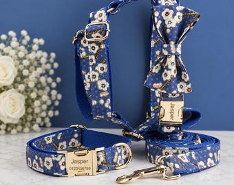 Gepersonaliseerde luxe hondentuigenset met bloemen – aangepaste naamhalsband, riem en vlinderstrik | Zachte katoenen huisdierenset voor honden