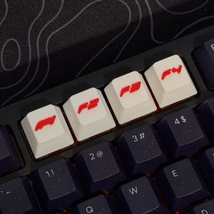 May include: Close-up of a computer keyboard with white keycaps featuring red F1, F2, F3, and F4 symbols. The surrounding keys are dark blue. The background is a black and white topographic pattern.