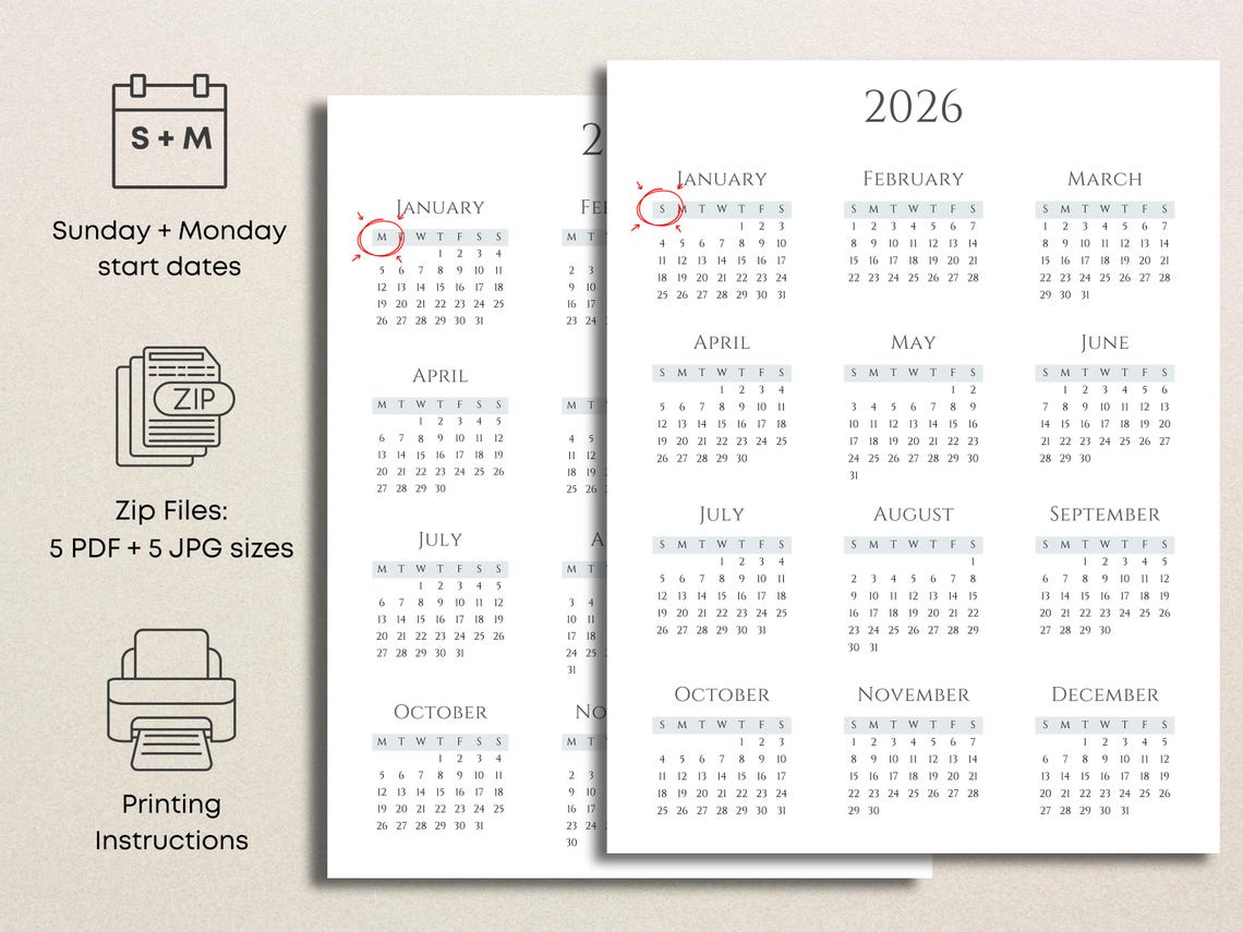 2026 Printable Minimalist Calendar | Year at a Glance | Monday & Sunday ...