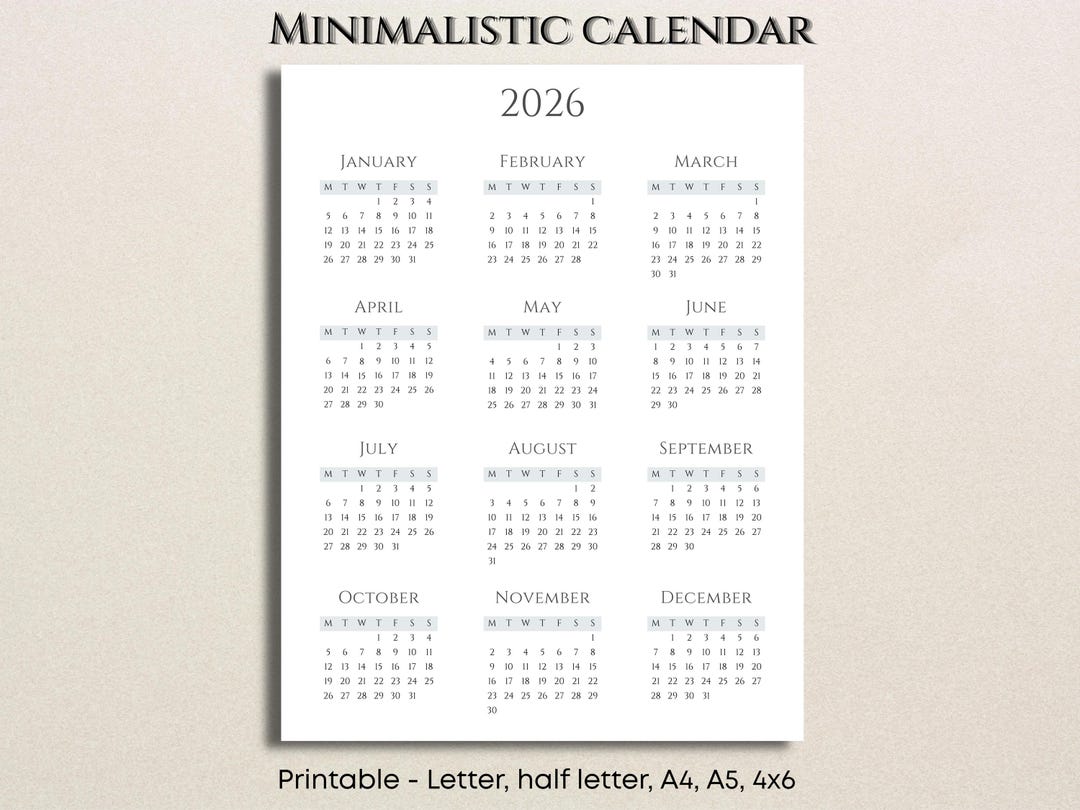 2026 Printable Minimalist Calendar | Year at a Glance | Monday & Sunday ...