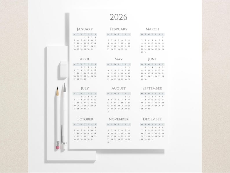 2026 Printable Minimalist Calendar | Year at a Glance | Monday & Sunday ...