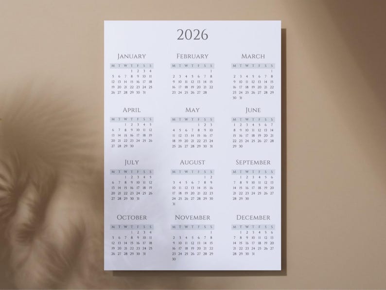 2026 Printable Minimalist Calendar | Year at a Glance | Monday & Sunday ...