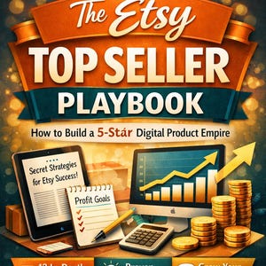 May include: An illustrated book cover titled "The Etsy Top Seller Playbook" with the subtitle "How to Build a 5-Star Digital Product Empire." The cover features a tablet, computer, coins, and text boxes with phrases like "Secret Strategies" and "Profit Goals."