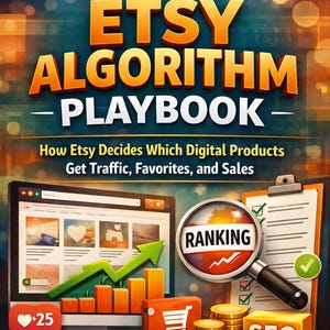 Puede incluir: Portada del libro titulada "The Etsy Algorithm Playbook" con texto naranja y blanco. La portada incluye una pantalla de ordenador, una lupa con la palabra "Ranking", una lista de verificación y monedas de oro. El autor es Christopher Jones.