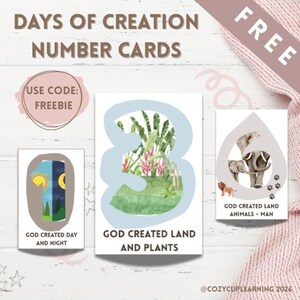Op de afbeelding: Drie educatieve getalkaarten met de tekst "Days of Creation Number Cards". De kaarten bevatten illustraties van dag en nacht, land en planten en dieren en mensen. De tekst "Use Code: Freebie" is ook aanwezig.