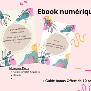 Peut inclure: Deux couvertures d'ebook numériques sur fond rose, avec le titre "Ebook numérique". Les couvertures présentent des couleurs pastel, des formes florales et abstraites, et du texte en français. L'une des couvertures dit "La Bulle de Molana - Moments doux".