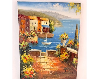 Pintura al óleo sobre lienzo con técnica impasto: Terraza costera mediterránea, paisaje marino, 12x16