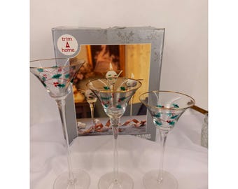 Trim A Home 3 PC Tartan Ribbon Glass Votive Holders Christmas Holly Gold Trim