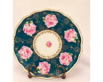 Wheelock Austria Vienna Porcelain Plate Teal Pink Roses Gold Gilt 8.25 Inch