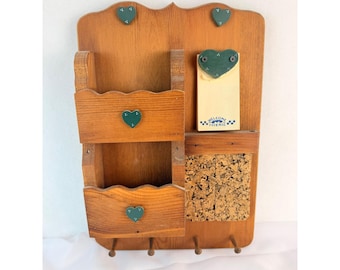 Vintage Gilmore Crafts Wooden Wall Mail Organizer Key Holder Cork Board Hearts
