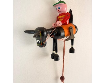 Vintage Wooden Pull String Jumping Jack Toy Rider on Donkey Hand Painted 6 Inch