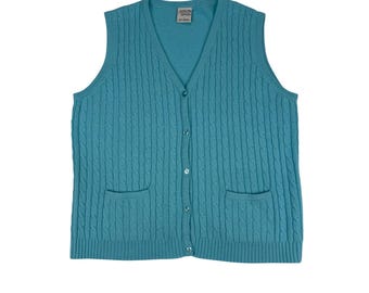 Allison Daley Teal Blue Cable Knit Button Front Cardigan Vest Large V-Neck