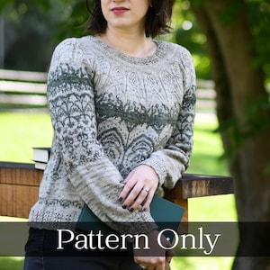 Peut inclure: Un pull en tricot avec un motif vert, gris et blanc. Le pull a un col rond et des manches longues. Le texte "Pattern Only" est visible en bas de l'image.