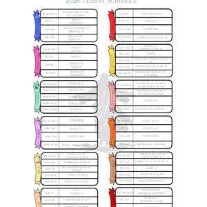 May include: A lesson schedule for 2026, titled "Come Follow Me," with weekly readings from the Old Testament, Genesis, Exodus, and more. The schedule is organized by month, with each week's readings listed in a rectangular box.