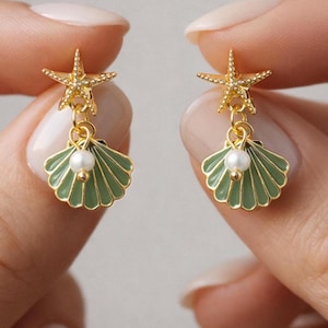 Shell Pearl Drop Earrings | Starfish Summer Earrings | Gold Enamel Dangle Earrings | Beach Outfit Jewelry | Coastal Style