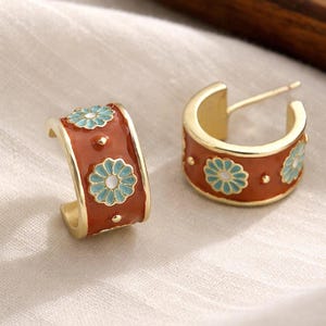 Floral Enamel Huggie Earrings | Vintage Inspired Gold Hoop Earrings | Statement Colorful Hoops