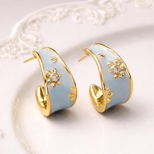 Floral Enamel Hoop Earrings | Vintage Inspired Gold Plated Jewelry | Colorful Statement Earrings |  Everyday Wear